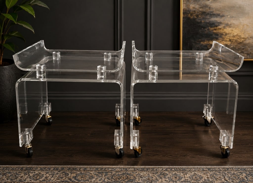 PAIR OF LUCITE BAR CARTS 20 IN: Elegant pair of vintage clear lucite rolling bar carts or serving carts featuring sculptural acrylic construction with raised gallery tops and smooth-rolling casters. Their timeless modern design blen