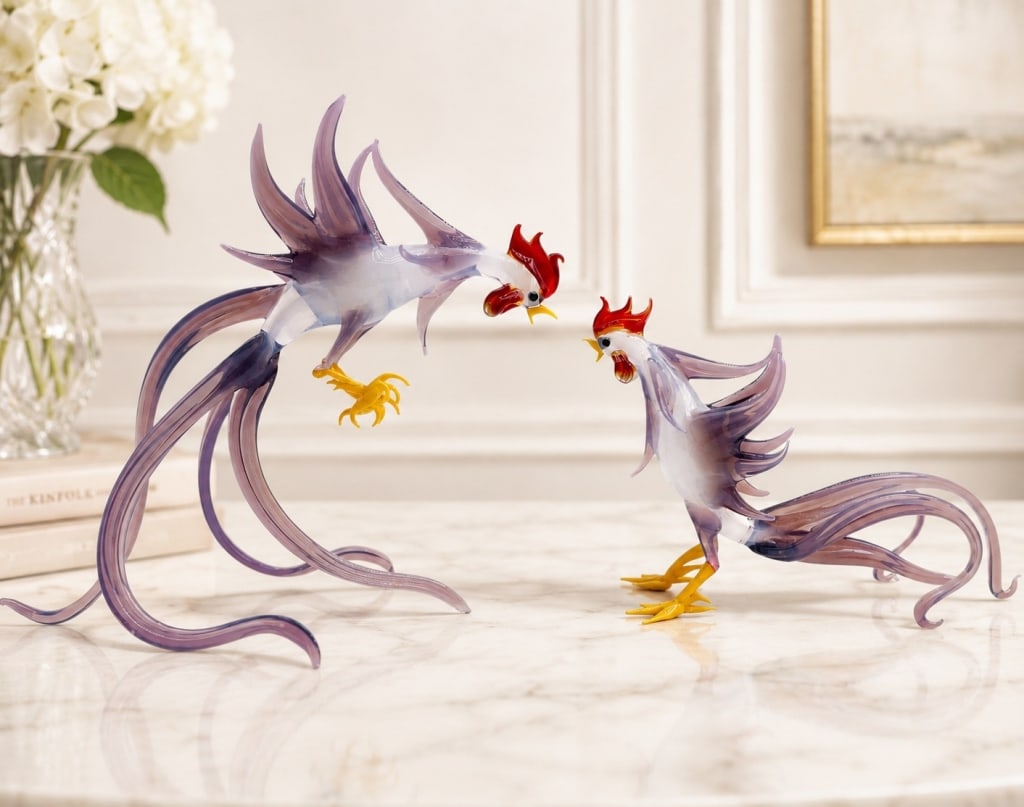 PAIR MURANO ART GLASS ROOSTER SCULPTURES 8" (1 of 14)