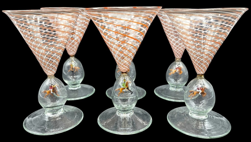 BIMINI 6PC FIGURAL ART GLASS GOBLETS 5.5": This exceptional set of six hand-blown art glass goblets is attributed to the celebrated Bimini workshops of Austria. Each goblet features a finely executed lampworked equestrian figure suspended with