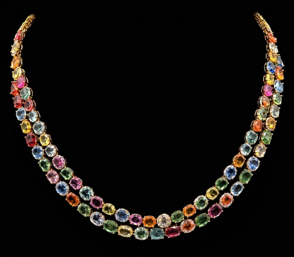 14K GOLD MULTI-COLOR SAPPHIRE & DIAMOND NECKLACE: 14 karat yellow gold necklace set with 89 natural multi-color sapphire gemstones totaling approximately 63.07 carats. Features a vibrant arrangement of oval and pear-cut sapphires. The necklace is acc