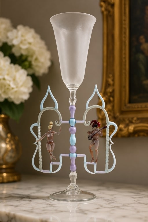 BIMINI LAMPWORK FIGURAL GOBLET 12 IN: This exceptional attributed Bimini Austrian lampwork art glass goblet features an elegant frosted trumpet-form bowl supported by a delicately crafted pastel cane stem and an intricate openwork archite