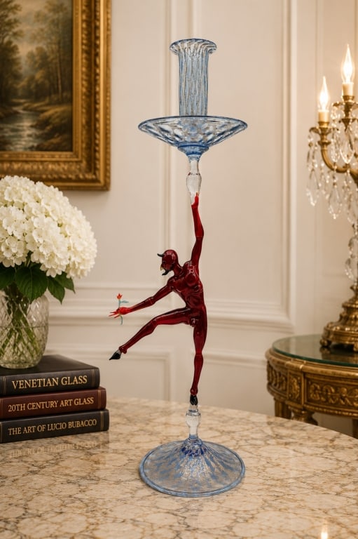 LUCIO BUBACCO FIGURAL MURANO CANDLESTICK 17": This exceptional hand-blown Murano art glass candlestick by acclaimed Venetian master Lucio Bubacco features a dramatic sculptural stem modeled as a ruby red devil balancing gracefully on one foot whi