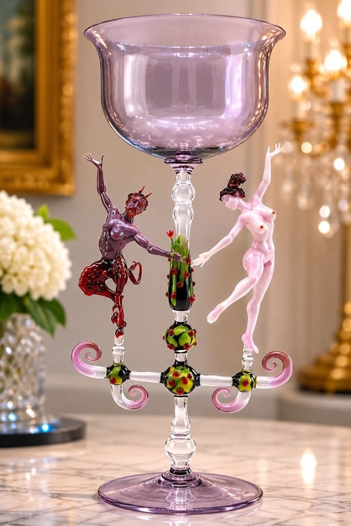 LUCIO BUBACCO FIGURAL MURANO ART GLASS GOBLET 13": This extraordinary hand-blown Murano art glass goblet by renowned Venetian master Lucio Bubacco features an elaborate sculptural composition depicting a devil and a nude female figure reaching toward 