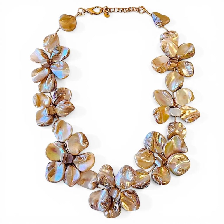NEW COASTAL SEASHELL FLORAL NECKLACE: Unique Details: | ?Luanna Necklace | ?17" + 3" Extender | ?Iridescent Shell Chips in Warm & Creamy Mocha | ?Floral Flower Petal Bib Collar | ?Vintage 14k Gold Plated Hardware | ?Lobster Claw Clasp | ?
