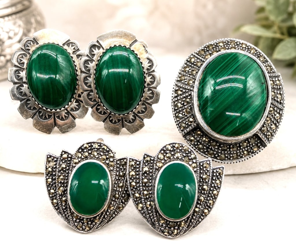 STERLING MALACHITE EARRINGS & BROOCH LOT 2IN: This sterling silver jewelry lot includes two pairs of earrings and one matching brooch featuring rich green malachite cabochons. The brooch is marked AB STERLING and showcases a large oval malachite 