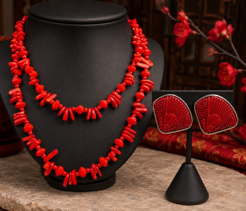 RED STONE NECKLACE & SAJEN STERLING EARRINGS 18IN: This lot includes a red beaded necklace and a coordinating pair of sterling silver earrings. The necklace features bright red beads in varied round, chip, and carved forms, creating a bold layered loo