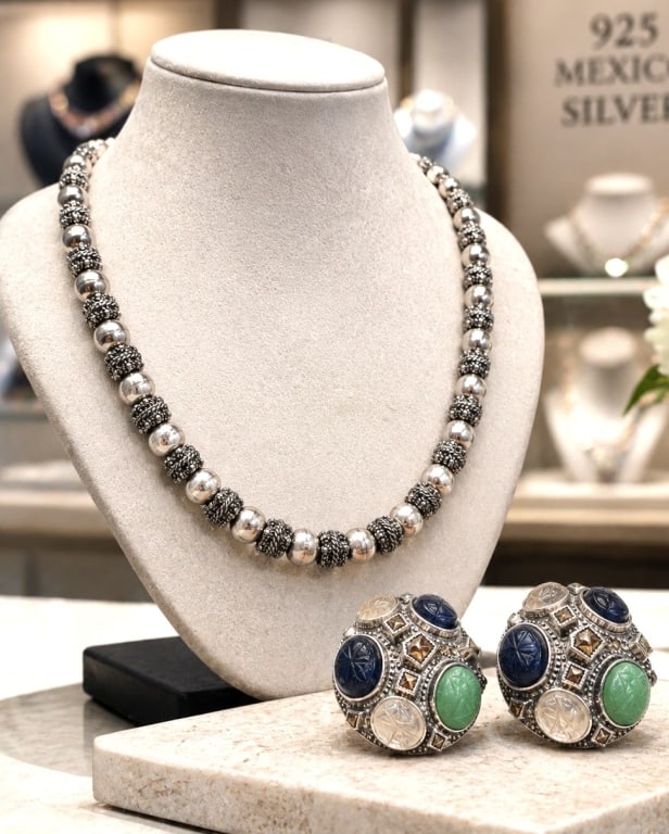 MEXICO STERLING BEAD NECKLACE & CLIP EARRINGS 18IN (1 of 7)