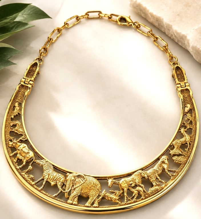 NOEV KOVCHEG SAFARI ANIMAL BIB NECKLACE 18IN: Decorative costume jewelry bib necklace featuring an openwork safari wildlife motif with detailed figures including an elephant, giraffe, zebra, antelope, and other animals in a gold-tone finish. The 