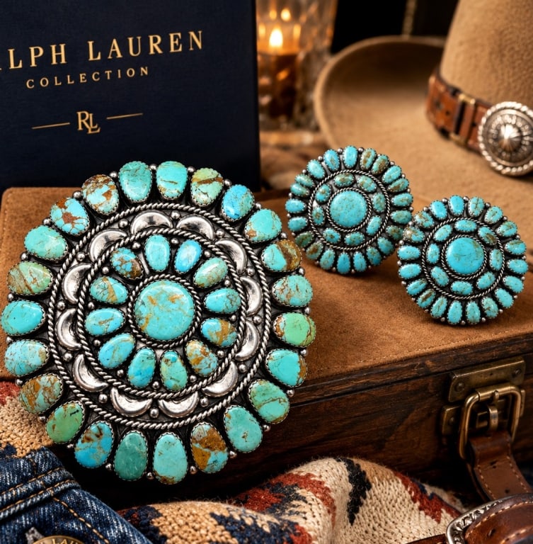 NAVAJO STERLING TURQUOISE BROOCH EARRINGS 2.5IN: Striking Navajo Nation sterling silver jewelry suite featuring a large handcrafted turquoise brooch with matching clip-on earrings. Each piece is set with numerous natural turquoise cabochons in tradi