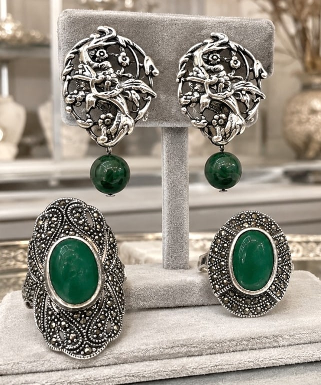 STERLING SILVER & MALACHITE JEWELRY LOT 2": Elegant sterling silver jewelry lot featuring a pair of ornate floral and bird motif clip-on earrings with suspended polished green malachite bead drops, accompanied by two sterling silver marcasite a