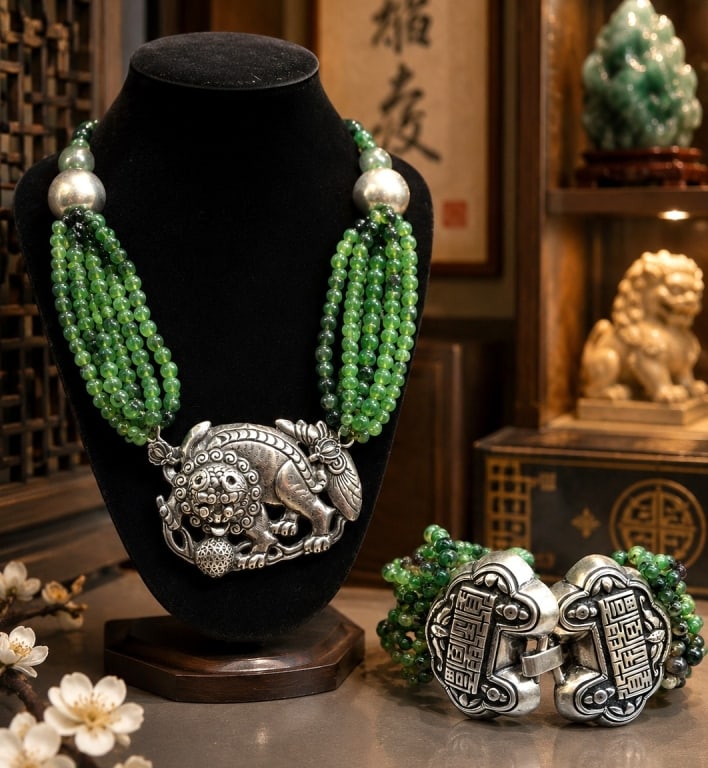 STERLING & JADE FOO DOG NECKLACE & BRACELET 18IN: This coordinating sterling silver jewelry set features a substantial multi-strand green jade bead necklace with an ornate sterling silver foo dog centerpiece, accompanied by a matching multi-strand ja