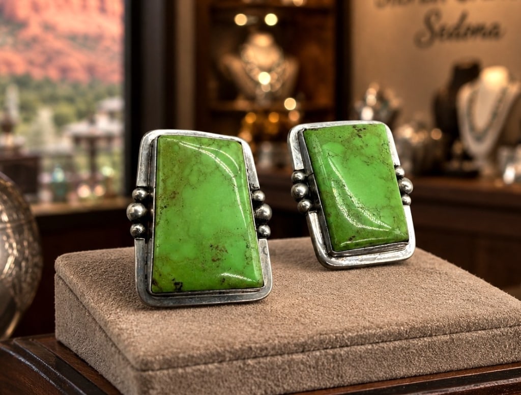 RARE LIME TURQUOISE NAVAJO CLIP EARRINGS 1": Pair of Navajo Nation handcrafted sterling silver clip earrings featuring striking and rare rectangular lime turquoise cabochons in smooth bezel settings with silver bead accents. The reverse is stamp