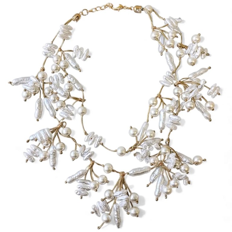 NEW COASTAL LARIAT PEARL NECKLACE: ?Name: Aishani Necklace: | ?Length: 18" + 3" Extender | ?Weight: 2.5 oz | ?Coastal Ivory Glass Pearl Clusters | ?Double Strand Silk Cord | ?Vintage 14k Gold Plated Hardware | ?Lobster Claw Clasp | ?Ar