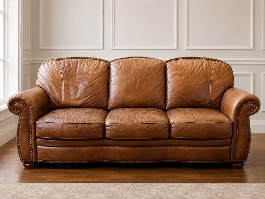 CLASSIC BROWN LEATHER THREE-SEAT SOFA 92" (1 of 9)