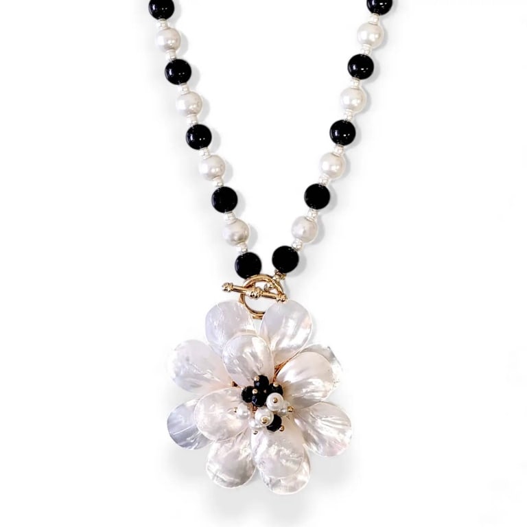CAOSTAL MOTHER OF PEARL NECKLACE: Coastal Mother of Pearl Flower Necklace | Statement Jewelry | -?Ellie Necklace (Onyx) | ?Length: 20" + 3" Extender | ?Weight: 3.5 Ounces | ?Lightweight Ivory Glass Pearl | ?Onyx Black Glass Bead | ?Ha