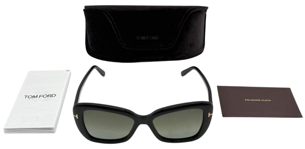 TOM FORD MAEVE TF1008 OVERSIZED SUNGLASSES: Tom Ford Maeve TF1008 ECO 01B oversized sunglasses featuring a glossy black acetate frame with gradient gray lenses and gold-tone signature 'T' temple accents. Model TF1008 ECO 01B, size 55.17 140, ma