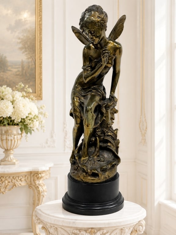 AFTER MATHURIN MOREAU FAIRY SCULPTURE 23.5": An elegant French bronze figural sculpture after the work of renowned French sculptor Mathurin Moreau (1822-1912). This finely cast sculpture depicts a seated winged fairy in a contemplative pose, res