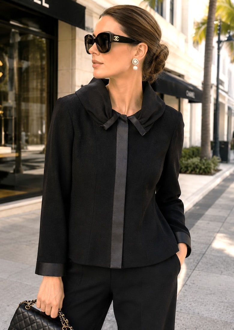CHANEL BLACK WOOL BLAZER SZ 38: Classic Chanel Boutique black blazer crafted in France from the 1998 Fall Collection (98A), featuring a tailored silhouette with elegant satin-trimmed shawl collar and coordinating satin front placket