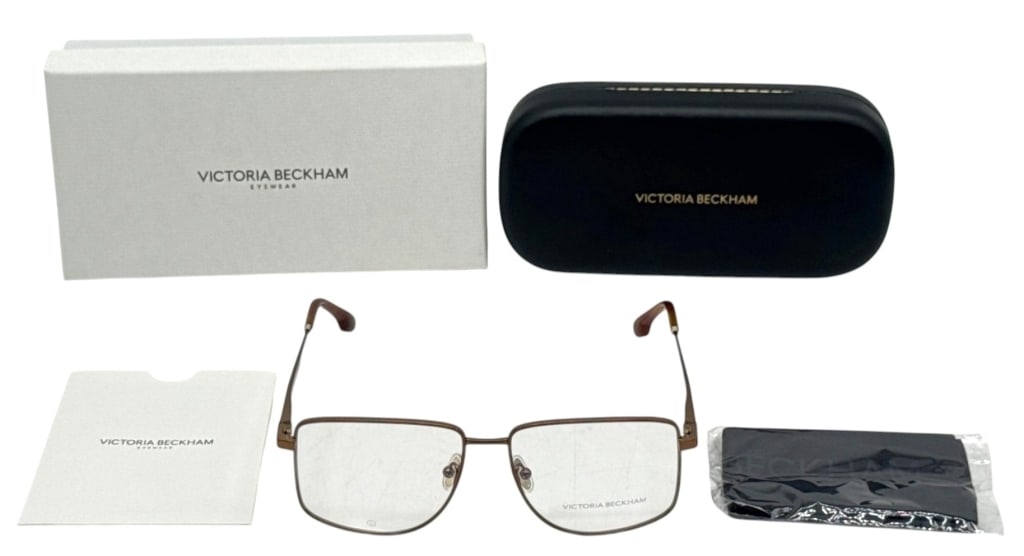 VICTORIA BECKHAM VB2136 SQUARE EYEGLASSES SET: Victoria Beckham VB2136 eyeglass frames in a bronze-tone metal finish with oversized square lenses and tortoise-pattern temple tips. The frames are marked VB2136 730, size 56.15-140, and made in Italy