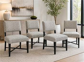 SET OF 4 MODERN GEOMETRIC UPHOLSTERED CHAIRS 36": Set of 4 modern upholstered dining or side chairs featuring clean-lined rectangular backs, cushioned seats, and a neutral geometric patterned fabric in gray, cream, and taupe tones. Each chair is rais