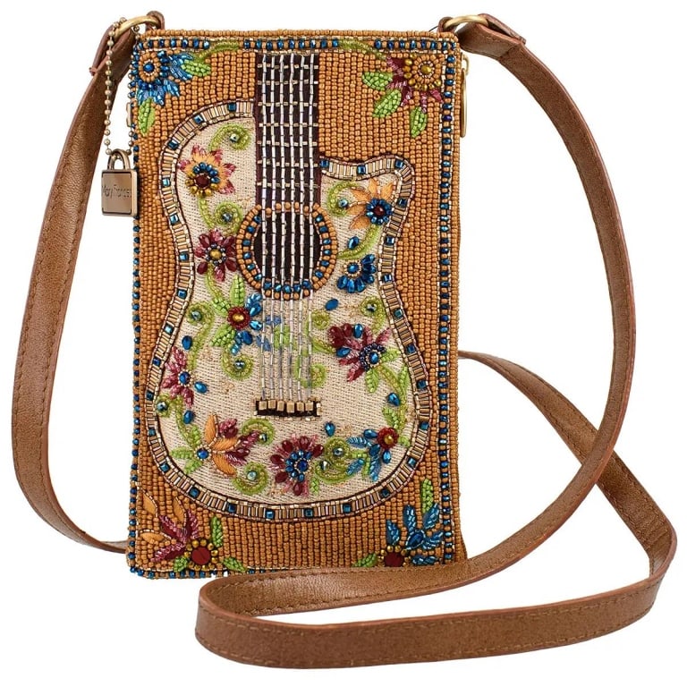 NEW MARY FRANCES GARDEN GROOVE BAG: Strike a stylish chord with this guitar inspired crossbody phone purse, decked out in vibrant beads and blooming florals. This handbag hits all the right notes, perfect for concerts, festivals, or