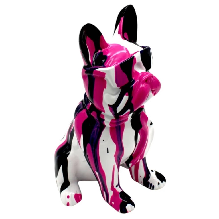 PINK GRAFFITI FRENCH BULLDOG 8": - Material: Resin | - Color: Graffiti/Multi-Color | - Weight: 1.2 lbs. | - Dimensions (inches, LxWxH): 5 x 4 x 8