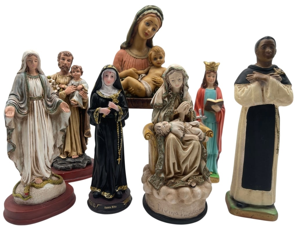 RELIGIOUS FIGURINES COLLECTION LOT 7 9in: Collection of seven religious figurines depicting Christian saints and devotional subjects in hand-painted resin and composition materials. The lot includes the Madonna and Child, Saint Joseph with th