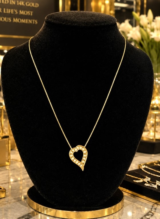 14K GOLD DIAMOND OPEN HEART NECKLACE 18": This elegant 14K yellow gold necklace features a delicate fine chain suspending an open heart pendant accented with round brilliant-cut diamonds. The graceful heart design is set with sparkling diamon
