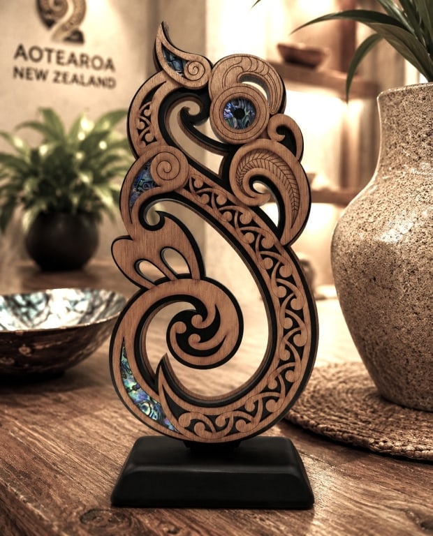 NEW ZEALAND TE MANAIA PAUA NATIVE SCULPTURE 14": Handcrafted in Rotorua, New Zealand, this contemporary Te Manaia (The Guardian Spirit) sculpture is crafted from plantation-grown hardwood and beautifully embellished with genuine paua (abalone) shell