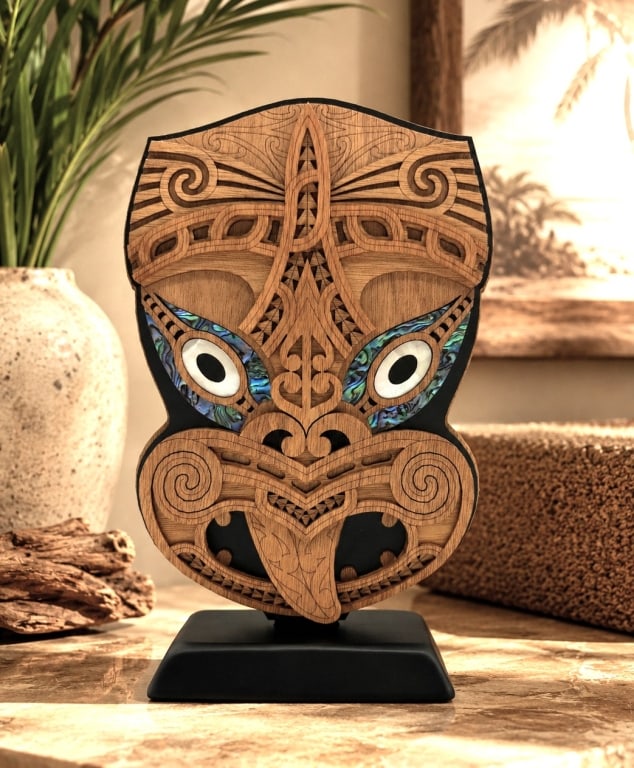 NEW ZEALAND WHEKU PAUA WOOD SCULPTURE 10": Handcrafted in Rotorua, New Zealand, this contemporary Wheku (Carved Face) sculpture is crafted from plantation-grown hardwood and embellished with genuine paua (abalone) shell accents. The Wheku is a