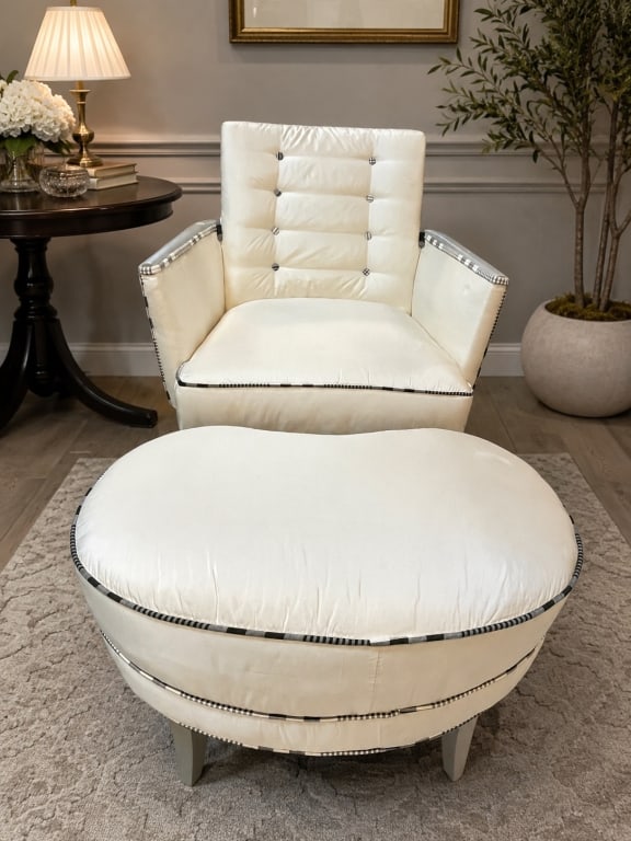 UPHOLSTERED LOUNGE CHAIR & OTTOMAN SET 31.5": This elegant upholstered lounge chair and matching ottoman offer timeless comfort with transitional styling. The chair features a button-tufted backrest, gently angled arms, and contrasting decorative