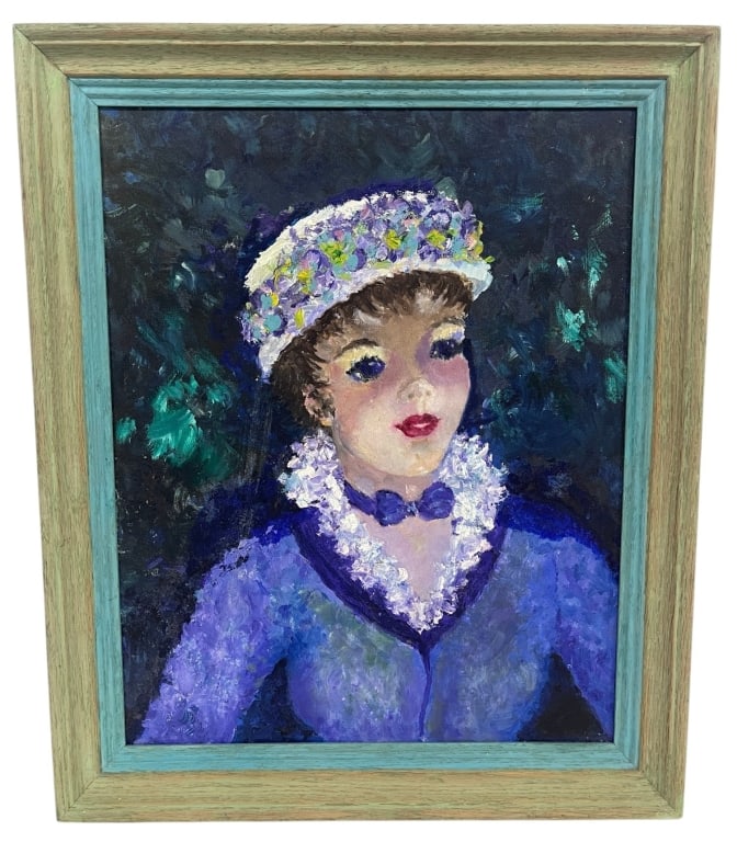 PORTRAIT OF A LADY OIL ON CANVAS 23.5": This charming oil on canvas portrait depicts an elegantly dressed young lady wearing a lavender floral hat and coordinating dress set against a richly textured dark background. Executed in an expressi