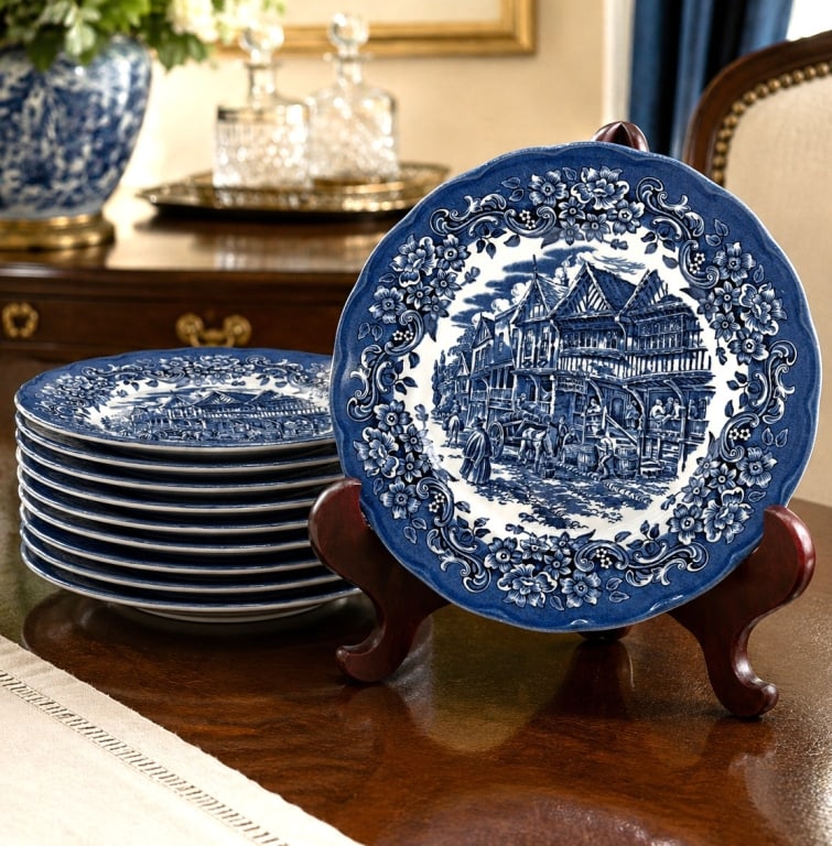 8 GENTRY ENGLAND BLUE DICKENS DINNER PLATES 10": This lot features eight Gentry England "Red River" English ironstone dinner plates in the classic blue and white transferware pattern. The Red River design depicts a charming English village street sc