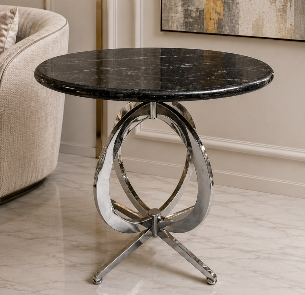 MODERN BLACK MARBLE ACCENT TABLE 28in: Modern accent table featuring a polished black marble top supported by a sculptural chrome-finished metal pedestal base. The striking openwork base design creates a contemporary architectural silhouet