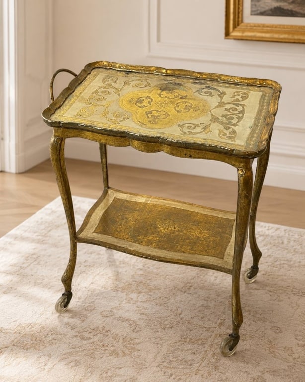 ITALIAN FLORENTINE GILT WOOD TEA BAR CART 25" (1 of 12)