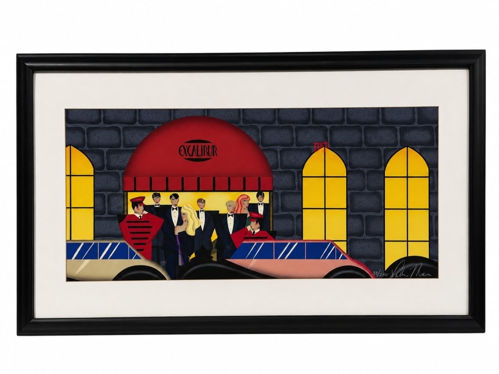 ROBIN MORRIS "EXCALIBUR" SERIGRAPH 43": Colorful limited-edition serigraph by acclaimed American artist Robin Morris depicting the glamorous entrance to the famed Excalibur nightclub. Executed in Morris's signature Art Deco-inspired style, 