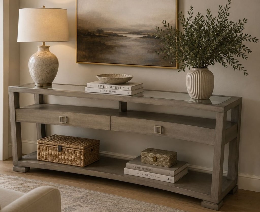CONTEMPORARY CURVED GLASS INLAID CONSOLE TABLE 68": Contemporary console table featuring a gently bowed front, inset glass top panels, and two storage drawers. Finished in a gray-toned wood veneer with open shelving below and square metal pulls. A vers