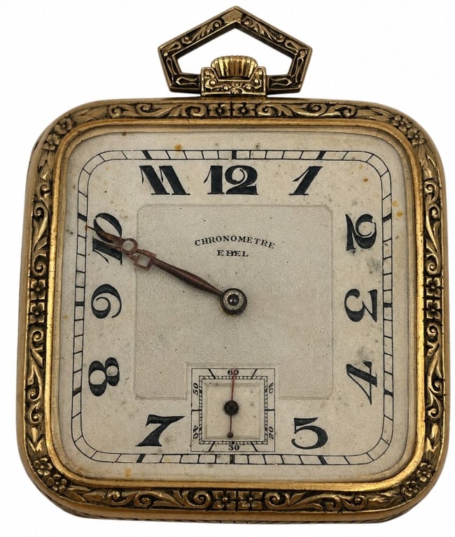 EBEL CHRONOMETRE 18K GOLD POCKET WATCH 2": This vintage Ebel Chronometre pocket watch features an elegant square case with ornate engraved detailing and a classic white enamel dial with Arabic numerals, subsidiary seconds dial, and decorative 
