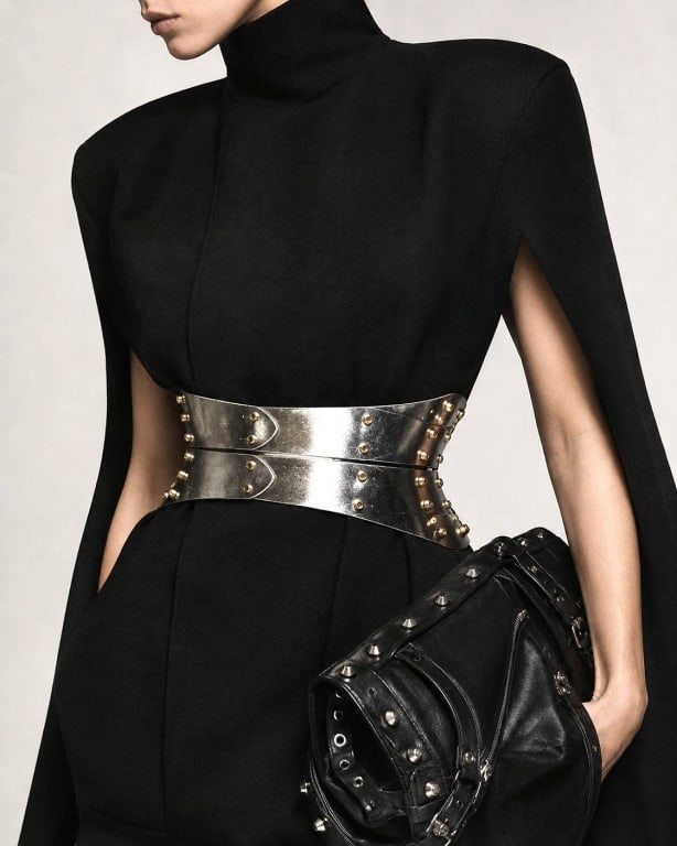 DOUBLE SIDED STUD DETAIL HAREM BELT ADJ": Kiosk Double Side Detail Cinch Harem Belt, crafted from metallic silver leather straps with polished gold-tone stud hardware. Features sculptural layered construction, adjustable straps for size chang