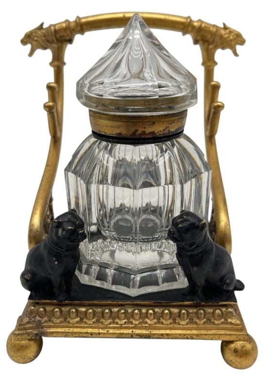 REED & BARTON CRYSTAL INKWELL STAND 10": This elegant Reed & Barton desk accessory features a faceted crystal inkwell with its original pointed crystal stopper mounted in an ornate gilt metal stand. The stand is embellished with finely cast 