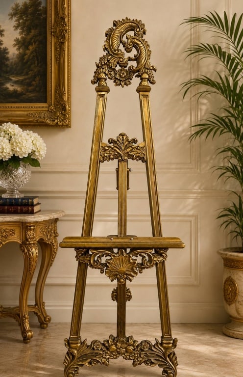 ORNATE GILTWOOD ARTIST EASEL 37": This decorative giltwood artist's easel features an elaborate Rococo-inspired design with scrolling acanthus motifs, floral embellishments, and a richly finished gold-tone surface. The adjustable cent