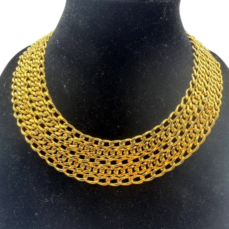 CHANEL STYLE MULTI-STRAND GOLD TONE CHAINMAIL 15": This bold Chanel style statement necklace features multiple cascading strands of polished gold tone curb link chains that drape elegantly across the neckline. The layered mesh design creates a luxurio