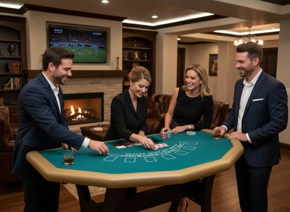 PROFESSIONAL CASINO STYLE GAMBLING BLACKJACK TABLE: Casino-style blackjack table featuring green felt playing surface with printed rules (?Dealer Must Hit Soft 17 / Insurance Pays 2 to 1?), padded rail, and wood base. Includes dealer cutout opening for