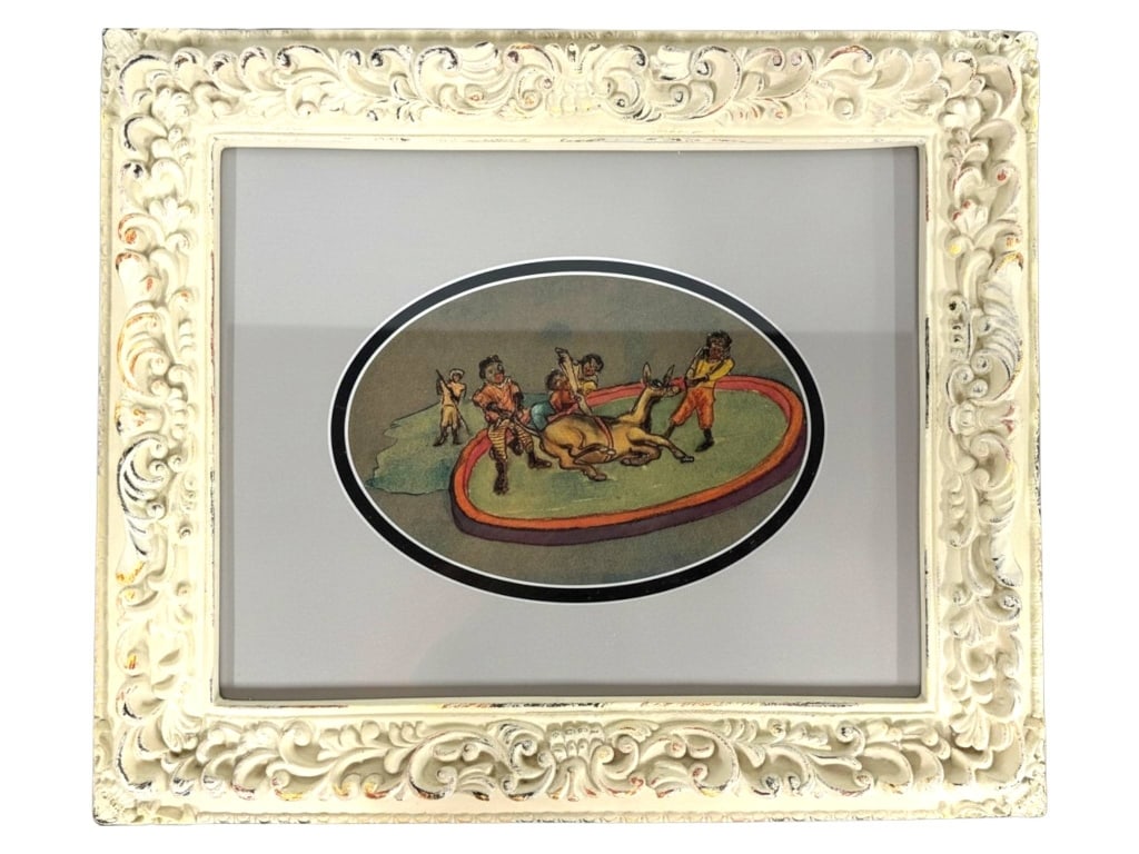 HAITIAN SCHOOL STYLE WATERCOLOR GENRE SCENE 18": This framed Haitian-style watercolor depicts a lively genre scene featuring several figures surrounding a fallen horse within a simple oval composition. Rendered in expressive lines and warm earth ton