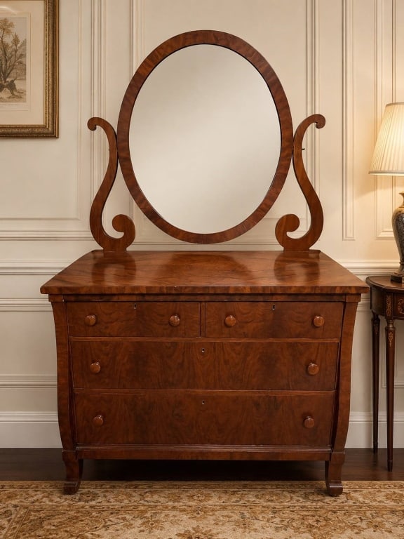 AMERICAN EMPIRE MAHOGANY DRESSER & MIRROR 70": Elegant American Empire style mahogany dresser with a matching swivel oval mirror. The dresser features beautifully figured mahogany veneers, two small upper drawers over two full-width lower drawers,