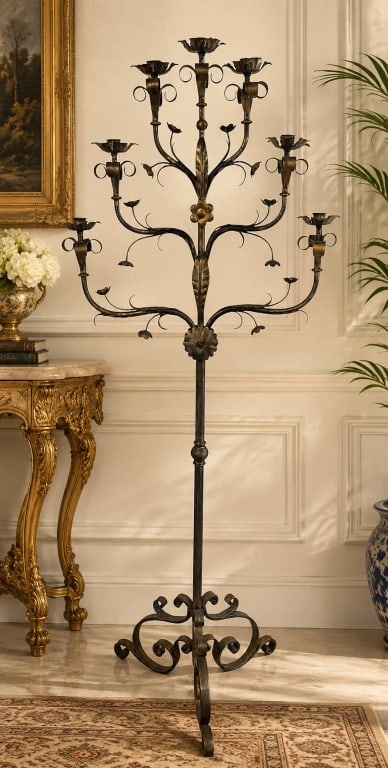 WROUGHT IRON FLOOR CANDELABRA 64": This impressive decorative wrought iron floor candelabra features an elegant scrolling design with floral accents and a total of nine candle cups arranged in a graceful tree form. Finished in a dark p