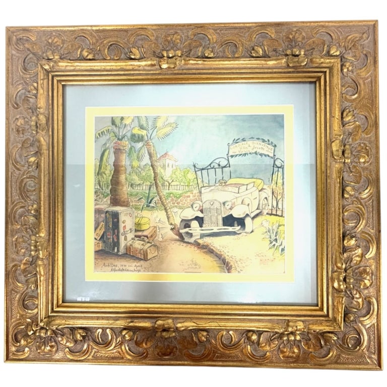 FRAMED ANTIBES STREET SCENE WATERCOLOUR 24": Framed pencil and watercolor depicting a European street scene with a vintage automobile, palm trees, and a gated villa. Artwork signed and inscribed "Antibes, 1931 im April" with attributed name Alfr