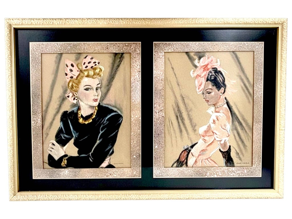 JACK VIDRA FASHION PORTRAIT PAIR 30": Original fashion portrait artworks depicting elegant mid-century ladies in sophisticated attire with hats, jewelry, and refined styling. Executed in what appears to be oil crayon or oil pastel on pape