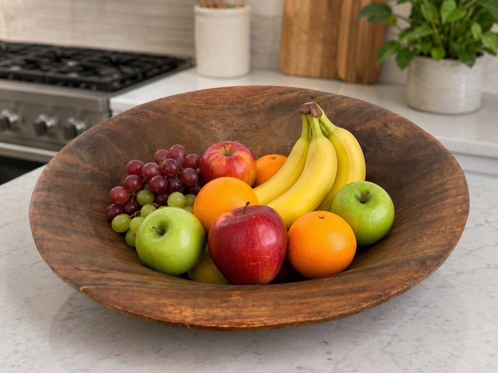 LARGE HAND-CARVED WOODEN BOWL 24": This impressive hand-carved hardwood bowl features an organic freeform silhouette with a broad flared rim and rich natural wood grain throughout. Its generous size makes it ideal as a decorative cente
