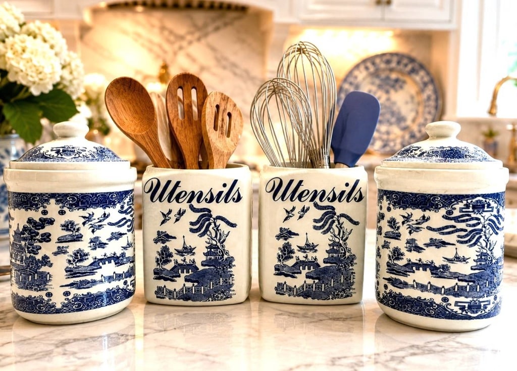 REGAL BLUE WILLOW CANISTER SET OF 4 8": This charming set of four Blue Willow style ceramic kitchen canisters includes two lidded ginger jar-form canisters and two matching utensil holders. Decorated in the timeless blue and white Chinoiser